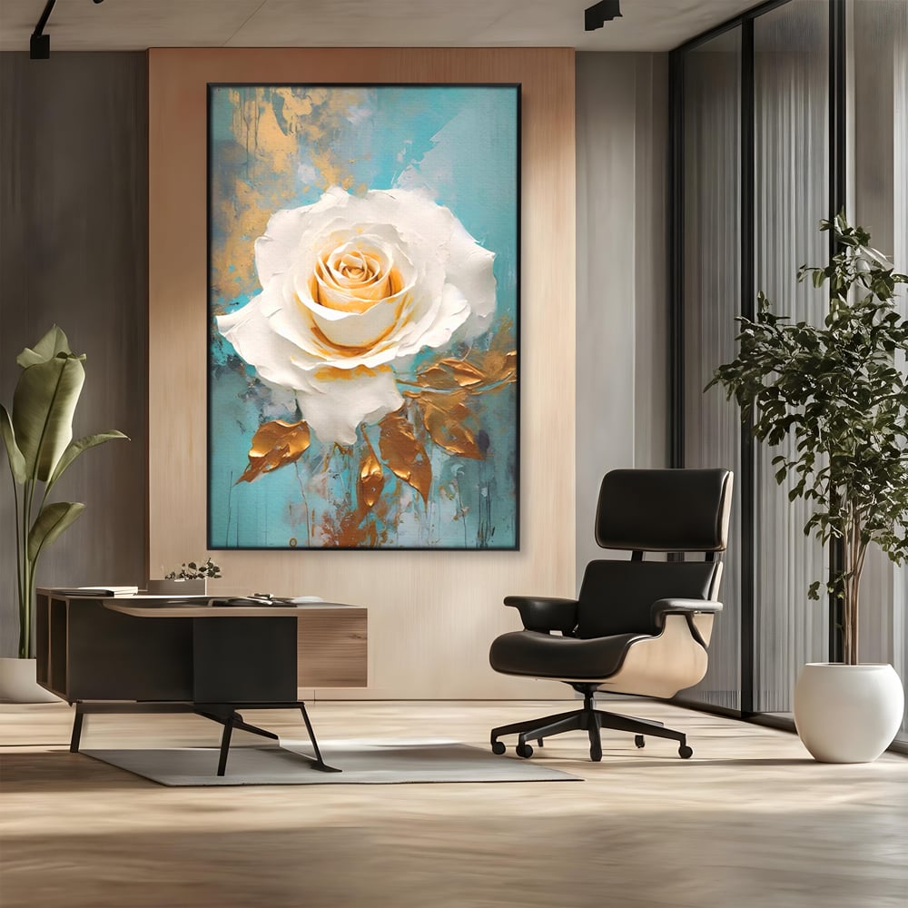 Tablou canvas cu tablou canvas cu trandafir alb, in rama de aluminiu negru, pe perete intr-un birou